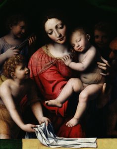 El Jesús dormido, o Madonna sosteniendo al Niño dormido, acompañado por tres ángeles, 1532